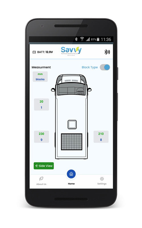 SavvyLevelPLUS S4 Series 4 RV leveling system with external mount box, showcasing advanced features and app interface.