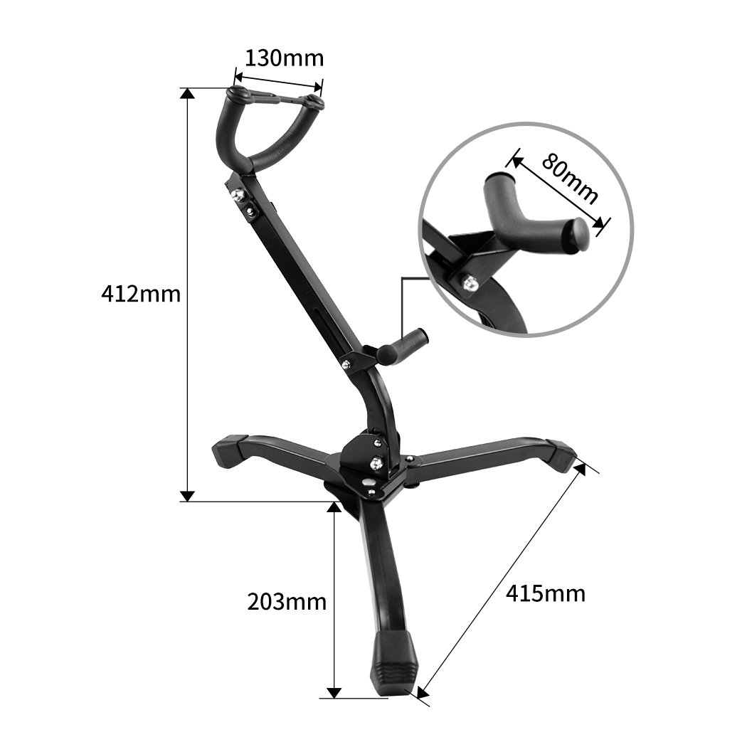 Foldable saxophone stand with tripod design, padded holder, and adjustable backrest for alto and tenor saxophones.