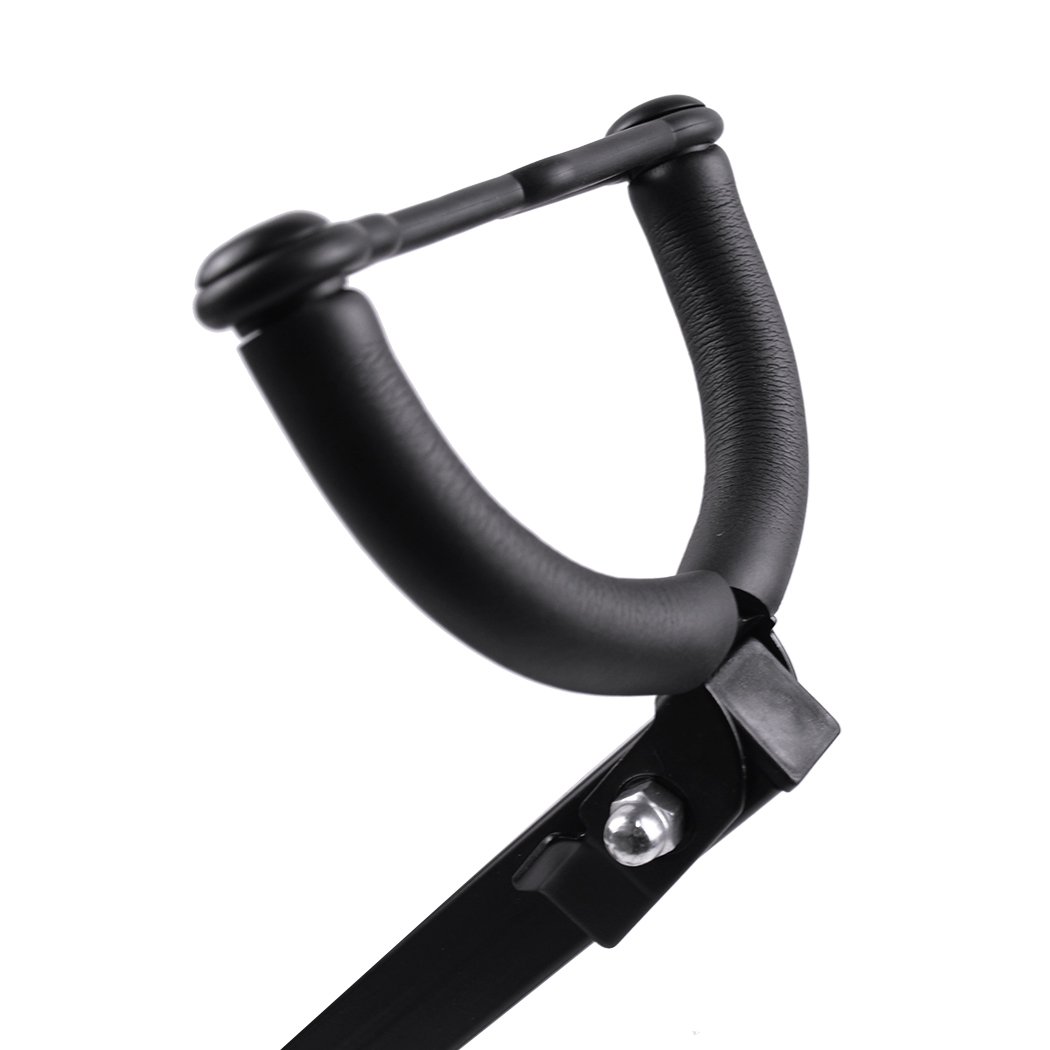 Foldable saxophone stand with tripod design, padded holder, and adjustable backrest for alto and tenor saxophones.