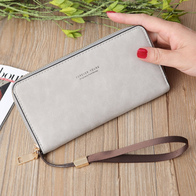 Light grey Scrub Long Wallet for ladies with zipper closure and multiple compartments for cards and cash.