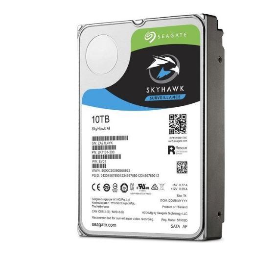SEAGATE 10TB SkyHawk Surveillance AI hard drive with SATA3 interface, designed for high-capacity surveillance storage.