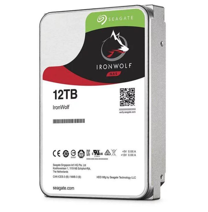 SEAGATE 12TB IronWolf SATA3 NAS HDD, showcasing its sleek design and specifications for high-performance storage.