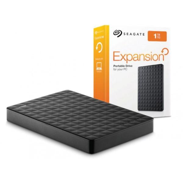 SEAGATE 1TB USB 3.0 Expansion Portable G2 hard drive in black, showcasing its compact design and USB connectivity.