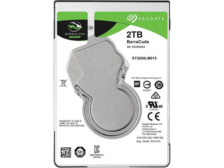 Seagate 2TB 2.5' Barracuda hard drive with 5400 RPM speed and 128MB cache, designed for laptops and notebooks.