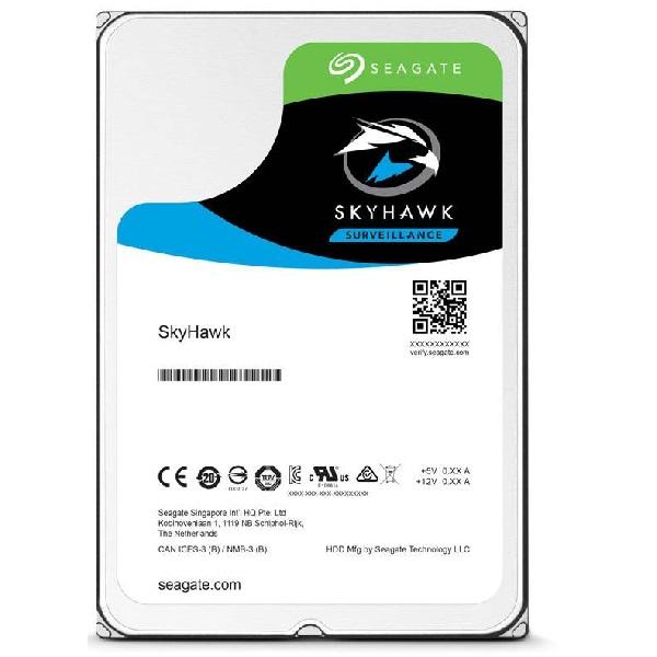 SEAGATE 2TB 3.5' SkyHawk Surveillance drive with SATA interface, designed for 24/7 video recording and supporting multiple HD cameras.