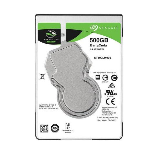 Seagate 500GB Barracuda 5400 RPM internal hard drive, showcasing its compact 2.5-inch design and SATA interface.