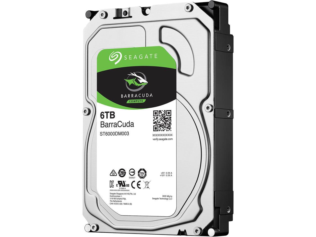 Seagate 6TB Barracuda 3.5' HDD with SATA3 interface and 5400RPM speed, showcasing its sleek design and specifications.