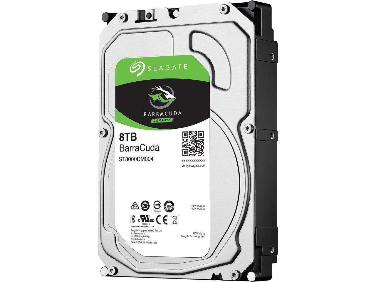 Seagate 8TB Barracuda 3.5' HDD with SATA3 interface and 5400RPM speed, showcasing its sleek design and storage capacity.