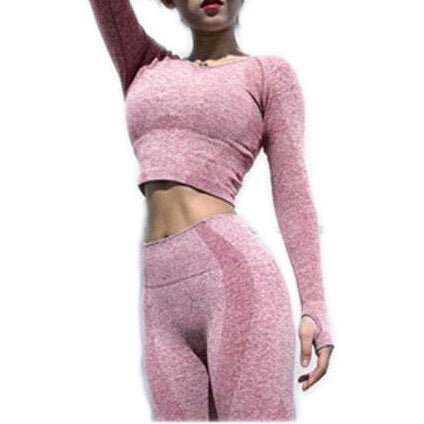 Seamless 2 Pcs Set Women Sport Suit featuring a long sleeve crop top and scrunch butt yoga leggings in a stylish design.