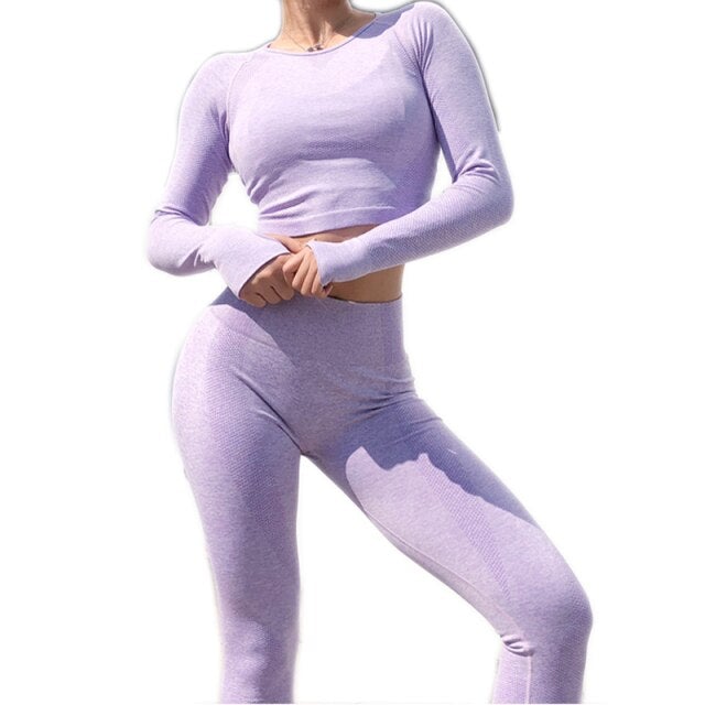 Seamless 2 Pcs Set Women Sport Suit featuring a long sleeve crop top and scrunch butt yoga leggings in a stylish design.