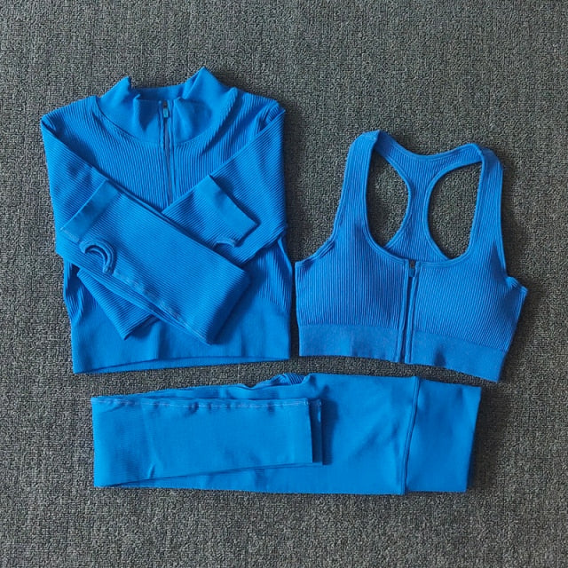 Seamless Yoga Set featuring a zipper long sleeve top and high waist leggings in various colors, perfect for women's workouts.