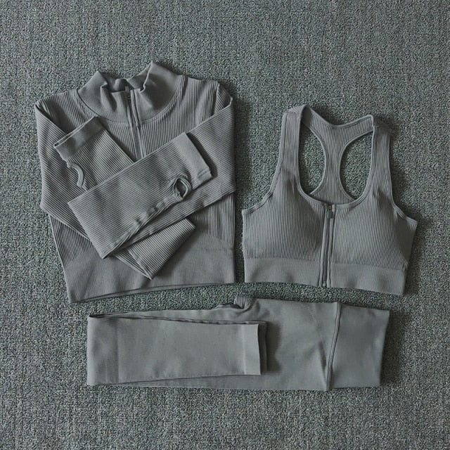 Seamless Yoga Set featuring a zipper long sleeve top and high waist leggings in various colors, perfect for women's workouts.