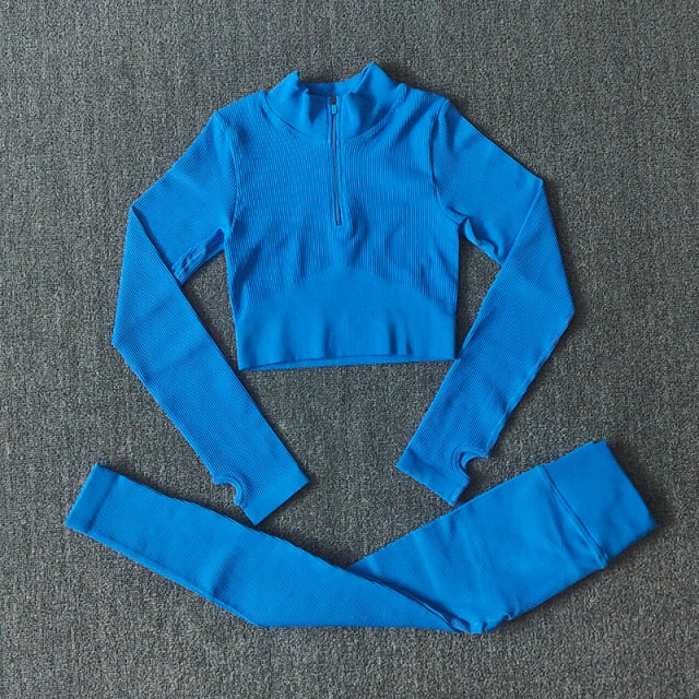 Seamless Yoga Set featuring a zipper long sleeve top and high waist leggings in various colors, perfect for women's workouts.