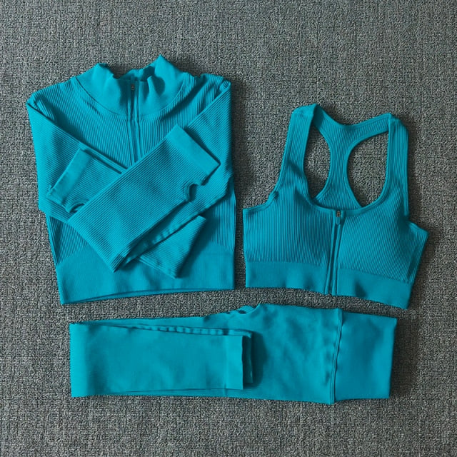 Seamless Yoga Set featuring a zipper long sleeve top and high waist leggings in various colors, perfect for women's workouts.