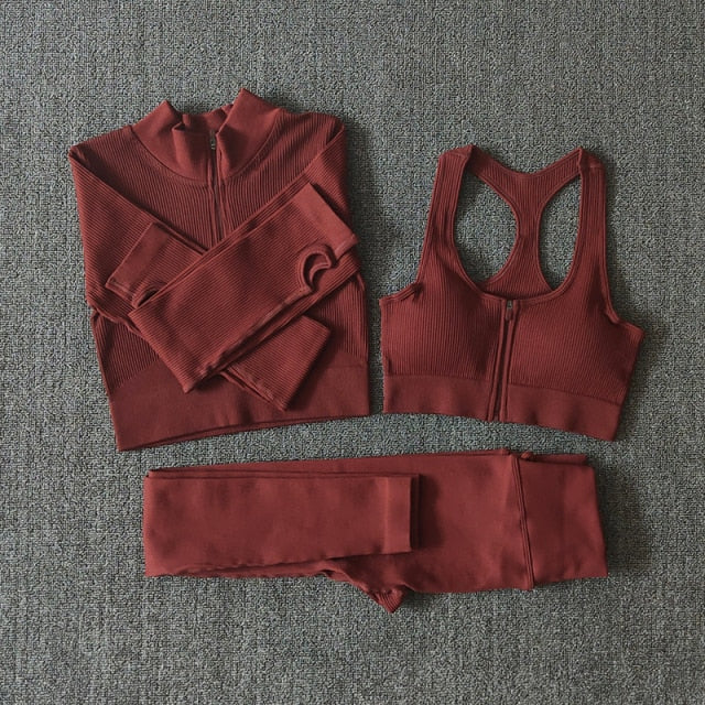 Seamless Yoga Set featuring a zipper long sleeve top and high waist leggings in various colors, perfect for women's workouts.