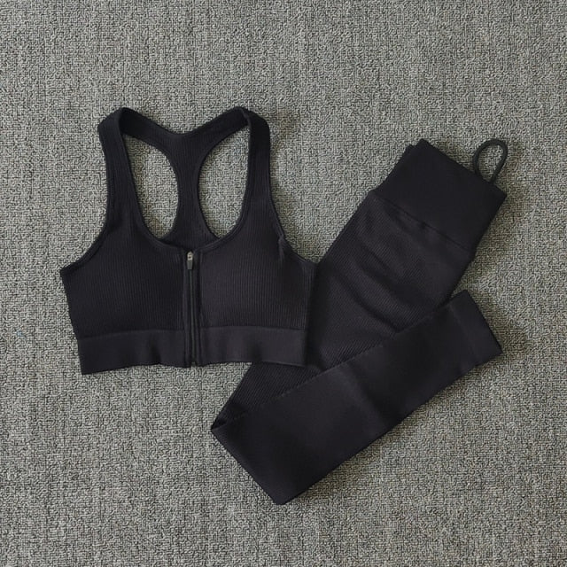 Seamless Yoga Set featuring a zipper long sleeve top and high waist leggings in various colors, perfect for women's workouts.