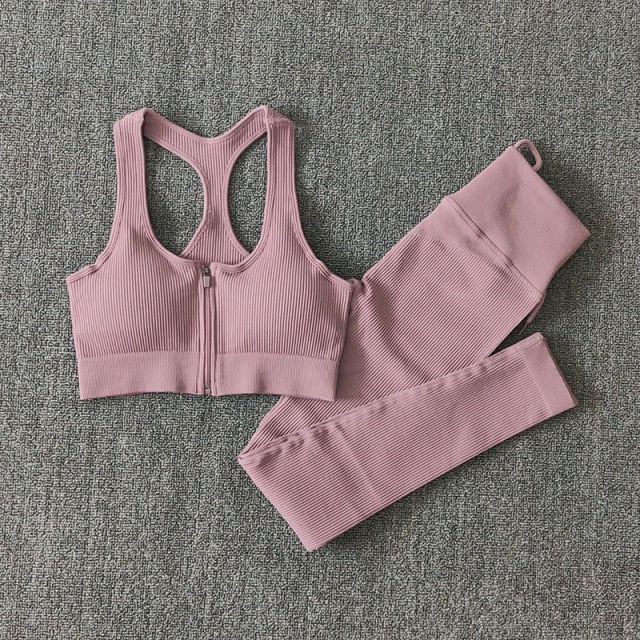 Seamless Yoga Set featuring a zipper long sleeve top and high waist leggings in various colors, perfect for women's workouts.