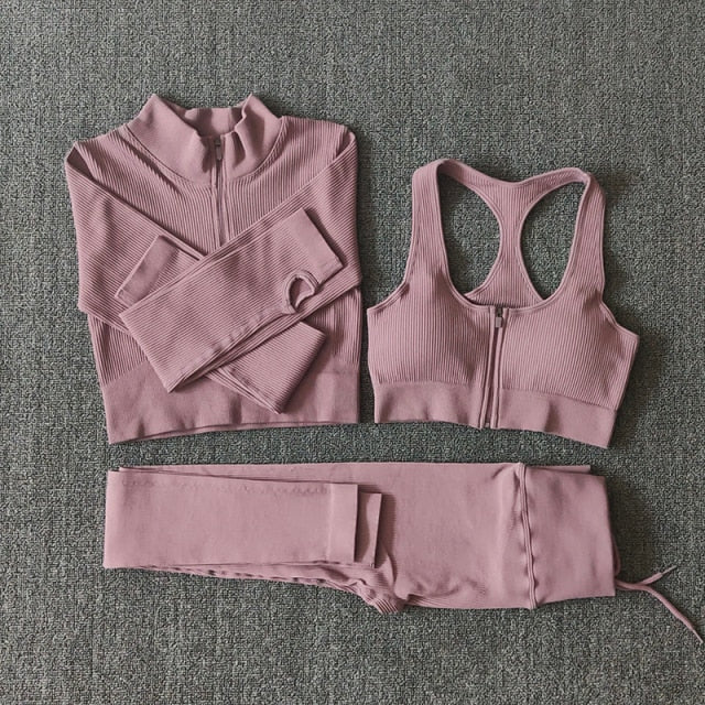 Seamless Yoga Set featuring a zipper long sleeve top and high waist leggings in various colors, perfect for women's workouts.