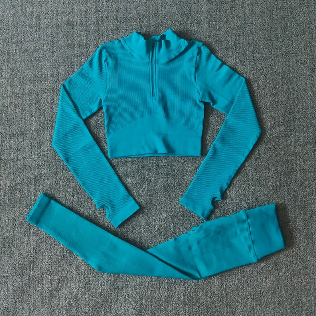 Seamless Yoga Set featuring a zipper long sleeve top and high waist leggings in various colors, perfect for women's workouts.