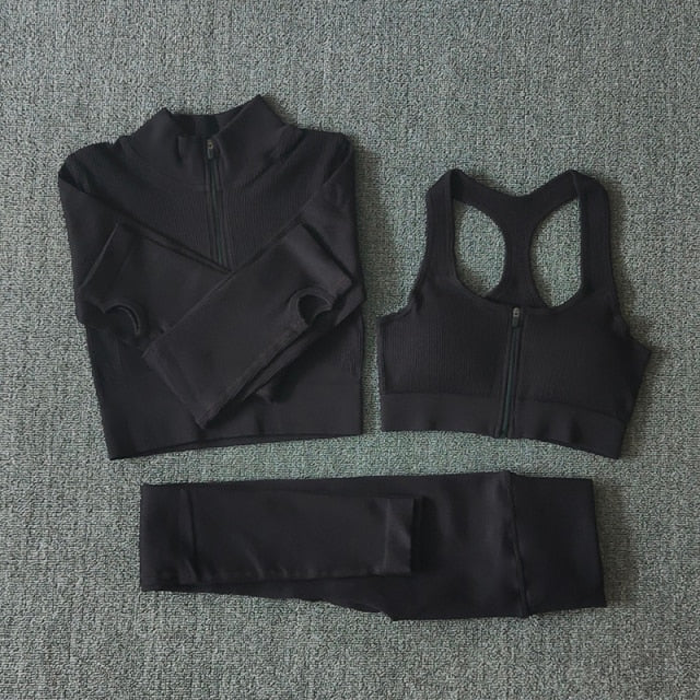 Seamless Yoga Set featuring a zipper long sleeve top and high waist leggings in various colors, perfect for women's workouts.