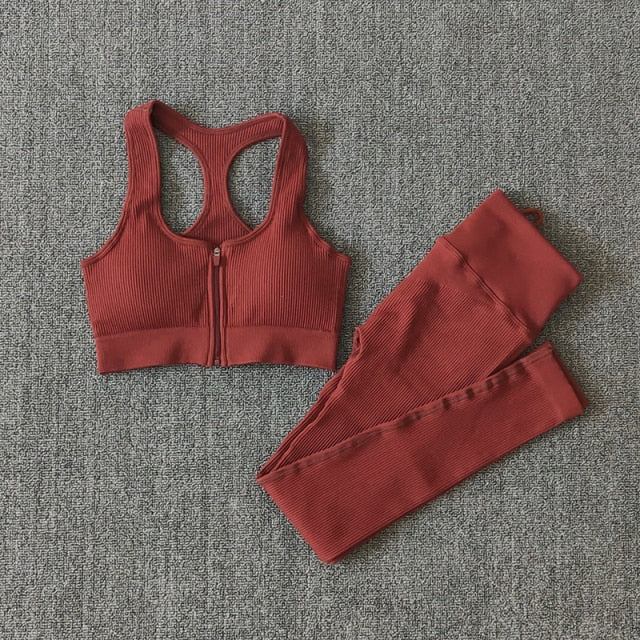 Seamless Yoga Set featuring a zipper long sleeve top and high waist leggings in various colors, perfect for women's workouts.