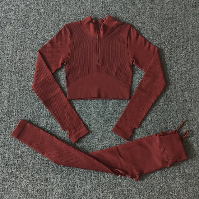 Seamless Yoga Set featuring a zipper long sleeve top and high waist leggings in various colors, perfect for women's workouts.