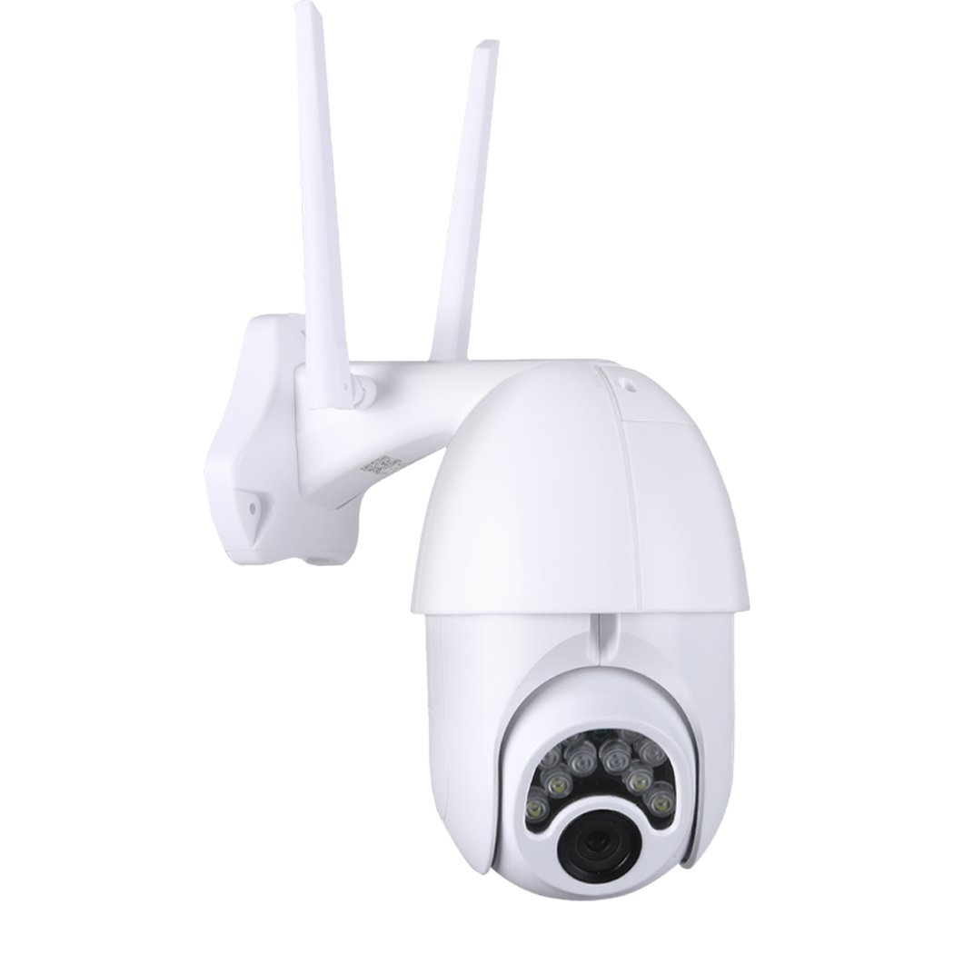 Wireless Security Camera System with 1080P HD video, designed for outdoor use, featuring a sleek white design and adjustable lens.