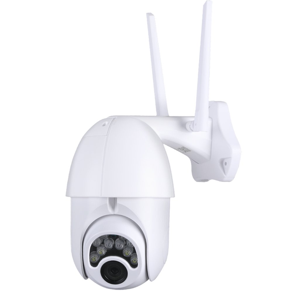 Wireless Security Camera System with 1080P HD video, designed for outdoor use, featuring a sleek white design and adjustable lens.