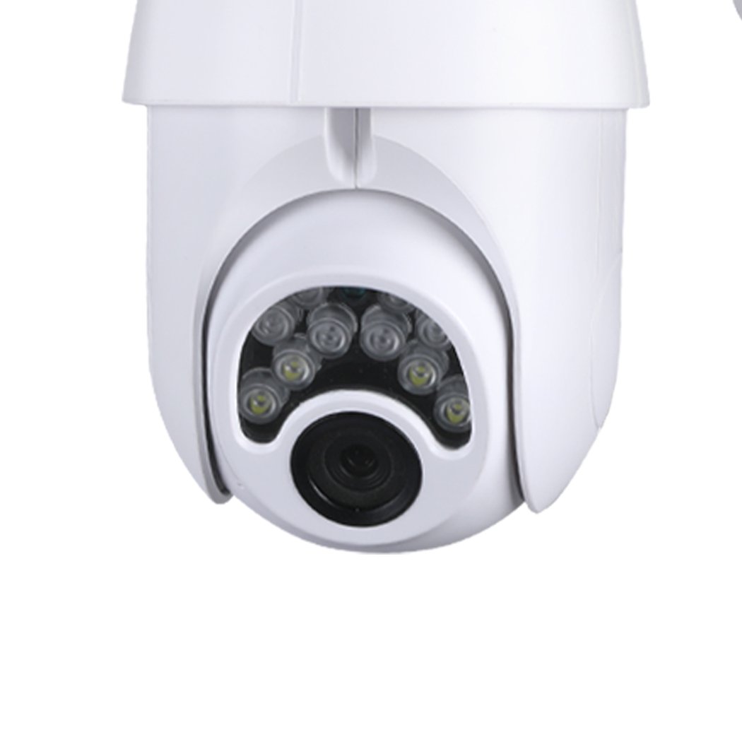 Wireless Security Camera System with 1080P HD video, designed for outdoor use, featuring a sleek white design and adjustable lens.