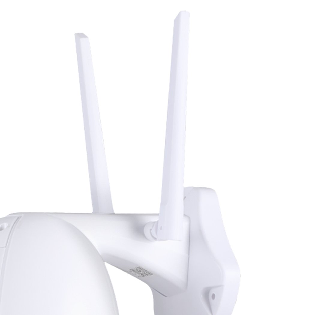 Wireless Security Camera System with 1080P HD video, designed for outdoor use, featuring a sleek white design and adjustable lens.