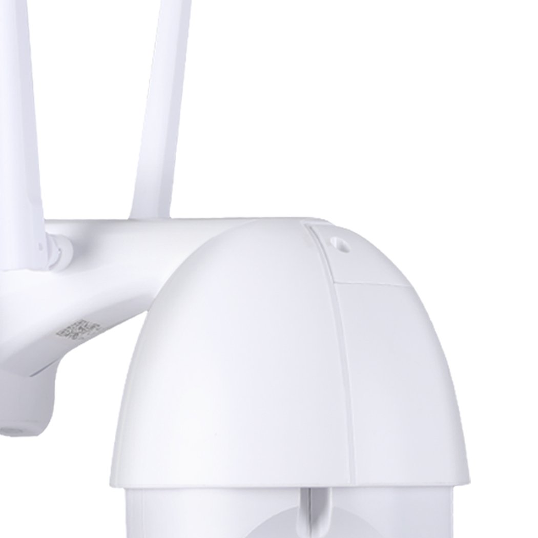 Wireless Security Camera System with 1080P HD video, designed for outdoor use, featuring a sleek white design and adjustable lens.