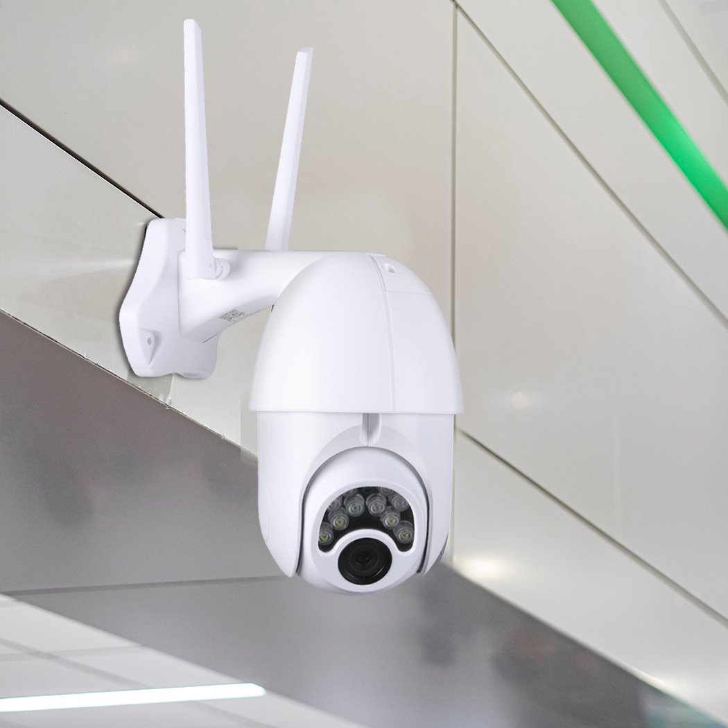 Wireless Security Camera System with 1080P HD video, designed for outdoor use, featuring a sleek white design and adjustable lens.