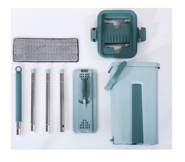 Self Cleaning Mop Bucket System featuring a flat squeeze mop, bucket, and microfiber pads for efficient floor cleaning.