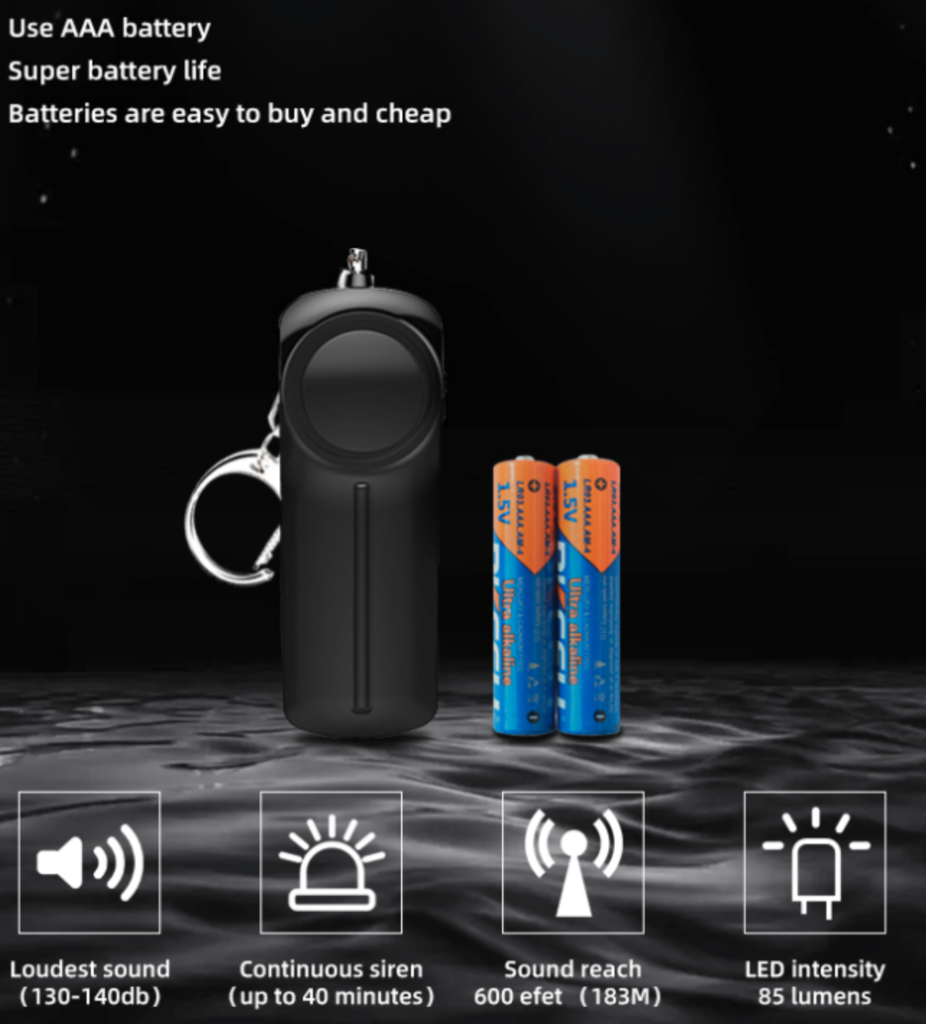 Self Defence Personal Alarm Keychain with LED Light, featuring a compact design and a bright LED flashlight.