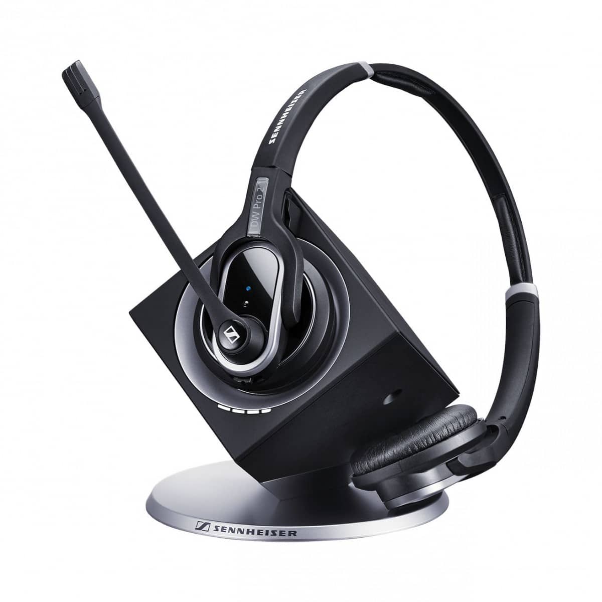 Sennheiser DW Pro 2 DECT binaural wireless office headset with base station, featuring adjustable mic arm and ultra noise-cancelling microphone.