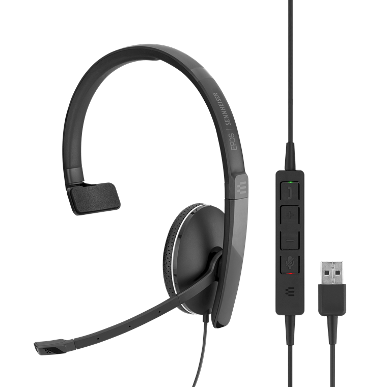 Sennheiser ADAPT SC135USB single-sided headset with a sleek design, featuring a 3.5mm jack for versatile connectivity.