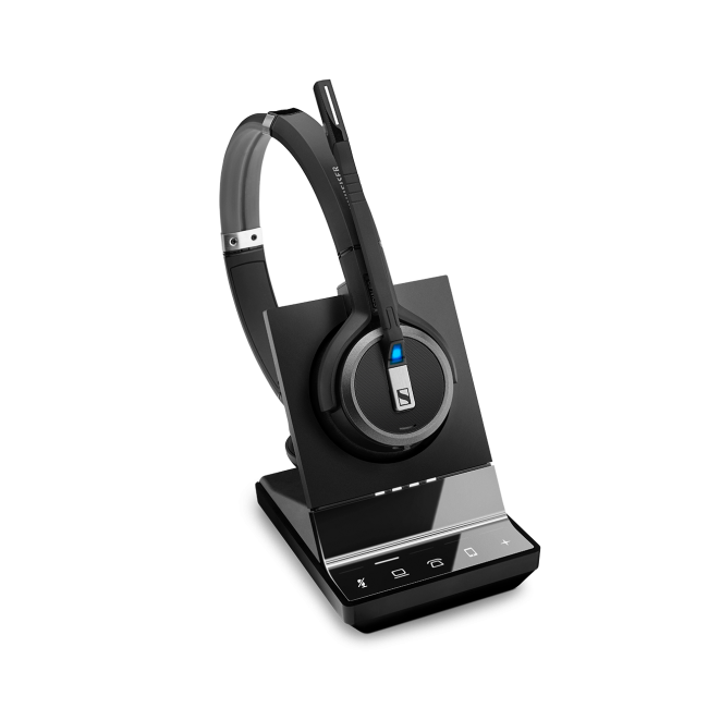 SENNHEISER SDW 5066 DECT Wireless Office headset with base station, showcasing its sleek design and comfortable ear cushions.