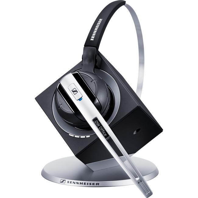 Sennheiser DW10 DECT Wireless Office headset with noise cancelling microphone and intuitive user interface, showcasing its sleek design and comfort options.