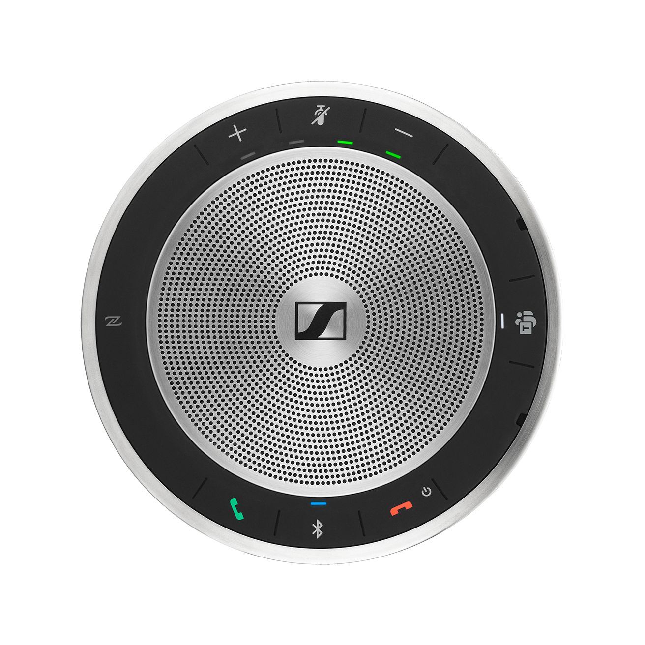 Sennheiser SP30T Teams Wireless Speakerphone designed for conferencing with up to 8 participants, featuring Bluetooth and USB connectivity.