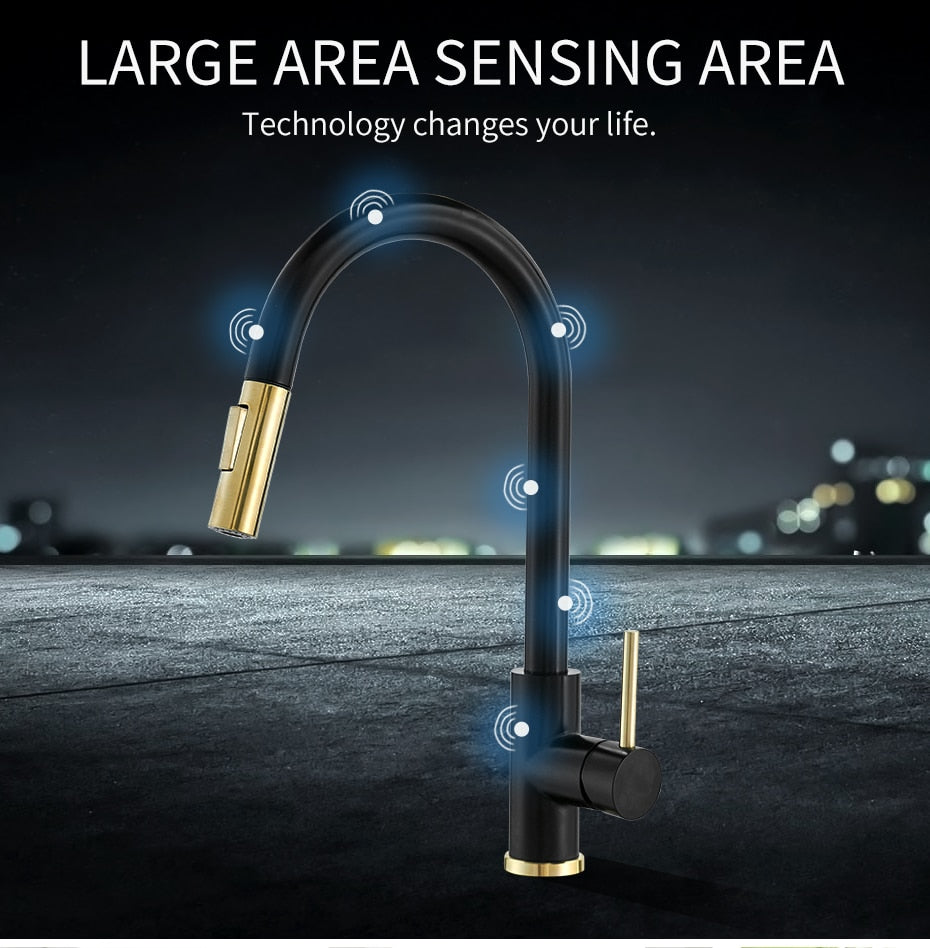 Brushed gold sensor kitchen faucet with smart touch technology, featuring a single handle and dual outlet water modes.