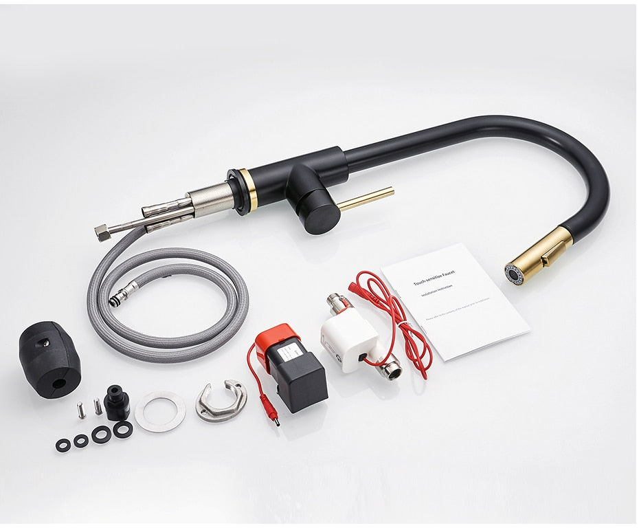 Brushed gold sensor kitchen faucet with smart touch technology, featuring a single handle and dual outlet water modes.