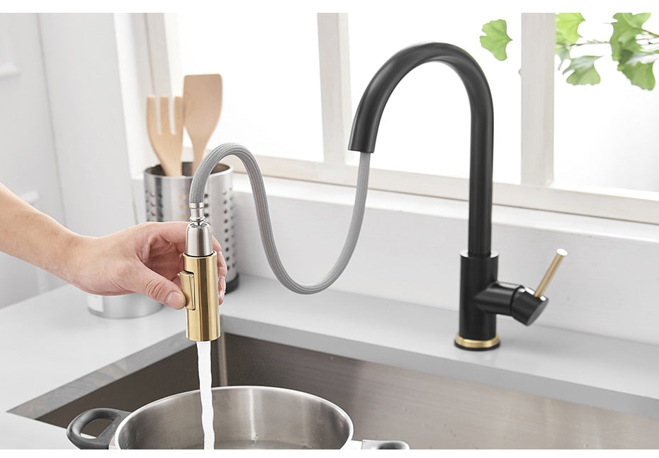 Brushed gold sensor kitchen faucet with smart touch technology, featuring a single handle and dual outlet water modes.