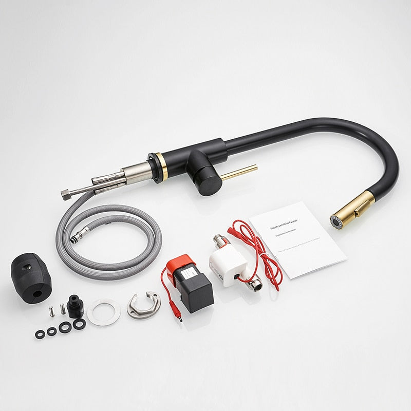 Brushed gold sensor kitchen faucet with smart touch technology, featuring a single handle and dual outlet water modes.