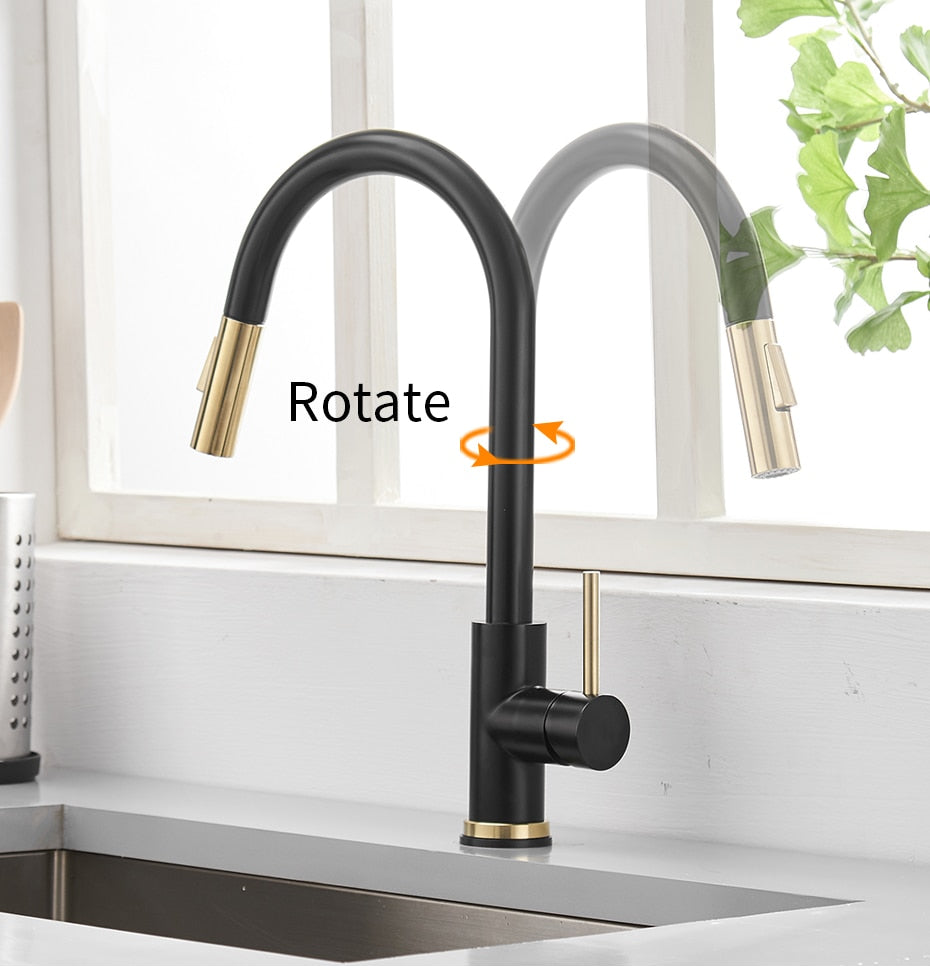 Brushed gold sensor kitchen faucet with smart touch technology, featuring a single handle and dual outlet water modes.
