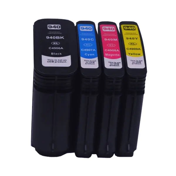 Series 940XL Remanufactured Cartridge Set featuring four cartridges: black, cyan, magenta, and yellow, designed for high-quality printing.