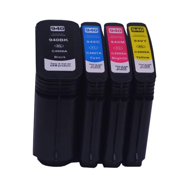 Series 940XL Remanufactured Cartridge Set featuring four cartridges: black, cyan, magenta, and yellow, designed for high-quality printing.