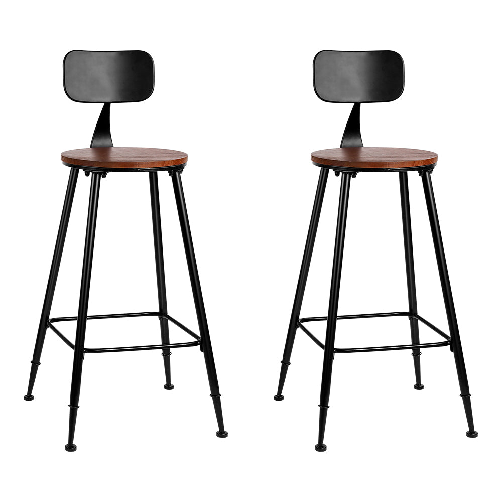 Set of 2 Artiss Bar Stools featuring a black metal frame and solid pinewood seats, showcasing an industrial design with a removable backrest.
