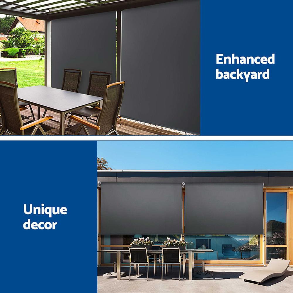 Set of 2 Instahut Outdoor Blinds showcasing a grey retractable screen with an aluminium frame, ideal for patio and garden use.