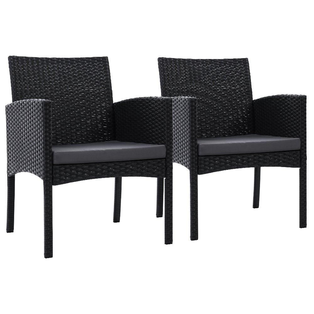 Set of 2 outdoor bistro chairs made of UV-resistant PE wicker with grey cushions, perfect for patio or garden use.