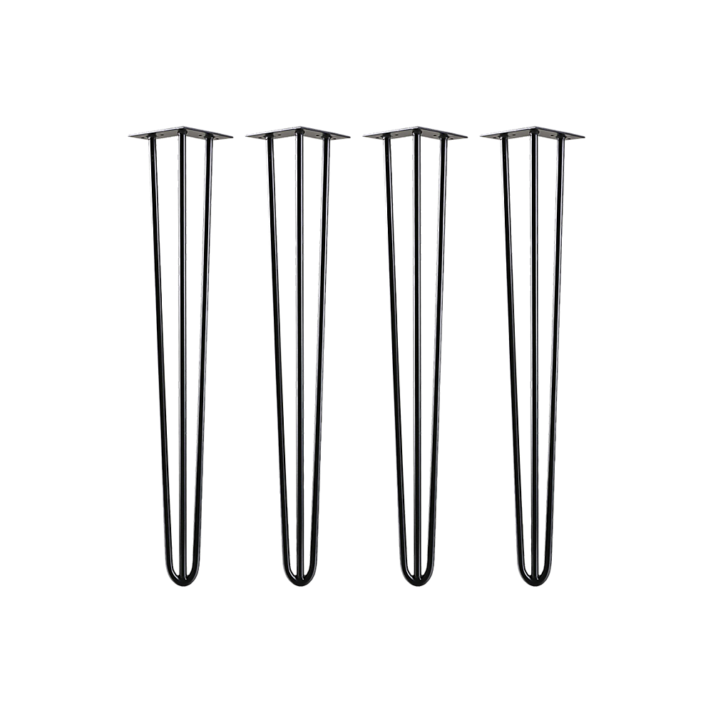 Set of 4 Industrial 3-Rod Retro Hairpin Table Legs made of 12mm steel, featuring a sleek black satin finish, ideal for DIY furniture projects.